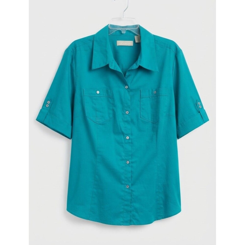 Vintage Liz Claiborne 2XL Teal Blue 100% Cotton Button Down Shirt Short Sleeve